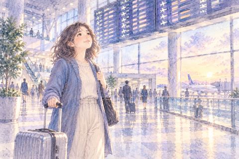 空港ロビーで出発案内を見ながら立つ女性