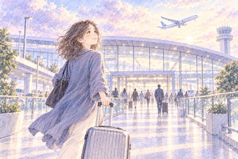 荷物を持って空港へ向かう女性