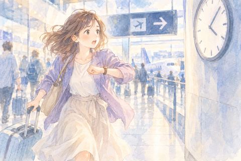 空港へ急ぎながら時計を気にする女性