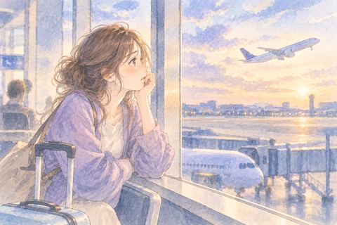 出発した飛行機を窓越しに見送る女性