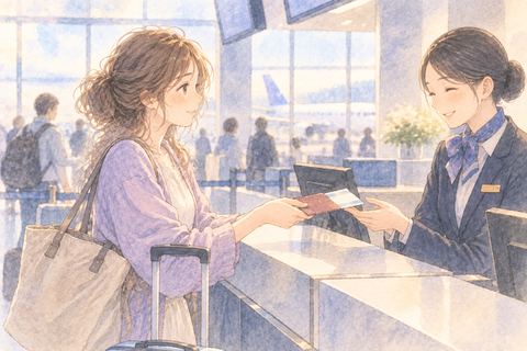 空港カウンターで搭乗手続きをする女性