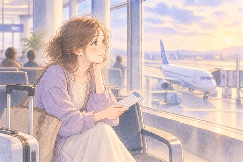 搭乗口で飛行機を待つ女性