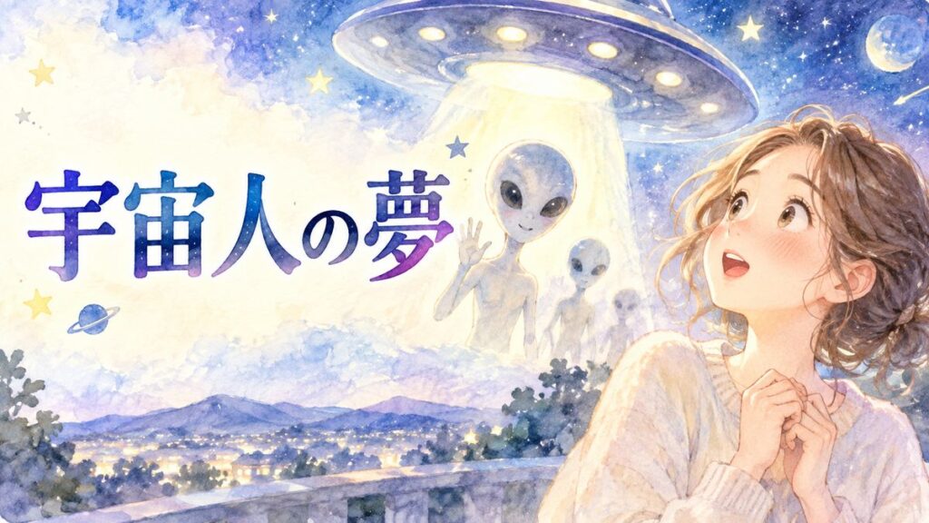 宇宙人と光る宇宙船を見上げる大人の女性