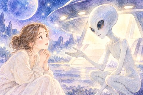 不思議な宇宙人と向かい合う大人の女性