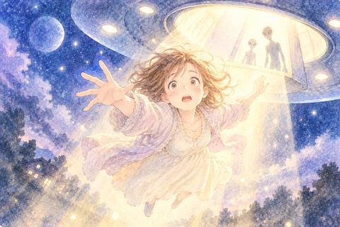 宇宙船の光に包まれて戸惑う大人の女性