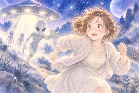 宇宙人から離れようと走る大人の女性
