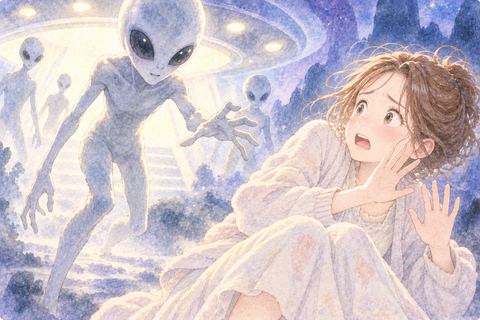 迫る宇宙人から身を守ろうとする大人の女性