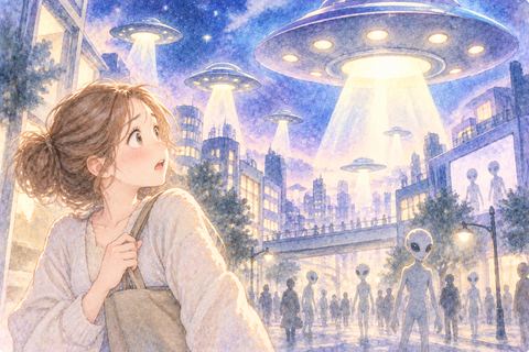 宇宙船と宇宙人に囲まれた街を見る大人の女性