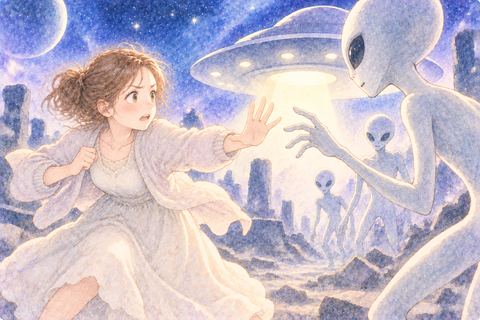 宇宙人に向かって身構える大人の女性