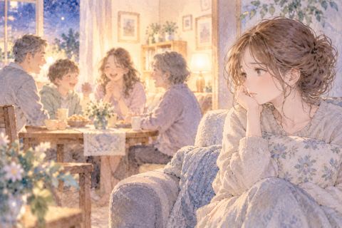 家族の会話から少し離れて寂しそうに座る女性