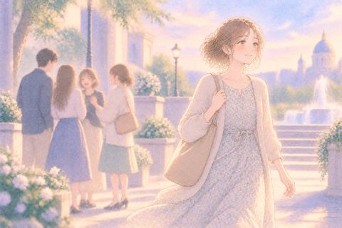 人の輪から離れて穏やかに歩き出す女性