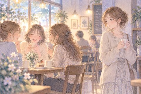 楽しそうな友達の輪から離れて立つ女性
