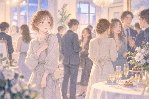 見知らぬ人の集まりで居場所を探す女性