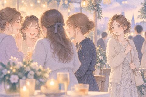 仲間の輪の外で寂しそうに立つ女性