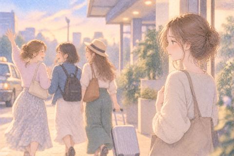 出かける仲間を離れた場所から見送る女性