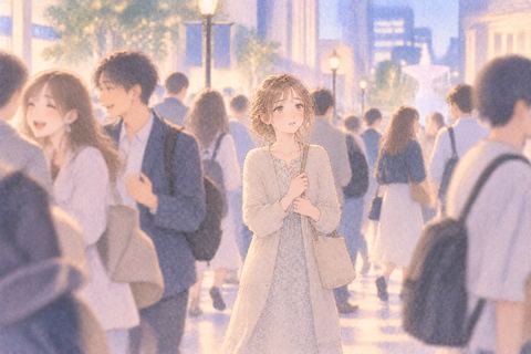 大勢の人の中でひとり佇む女性
