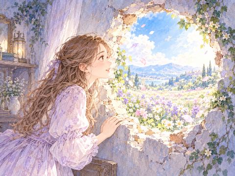 壁の穴から明るい花畑をのぞく女性