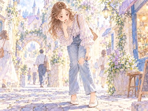 ズボンの膝の穴に気づいて恥ずかしがる女性