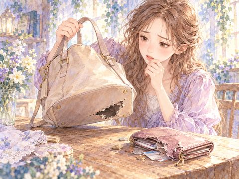穴の開いたバッグと財布を心配そうに確かめる女性