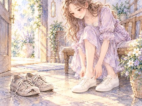 つま先に穴が開いた靴を脱いで履き替える女性