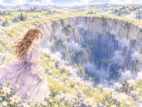 広い草原の巨大な穴を前に立ち止まる女性
