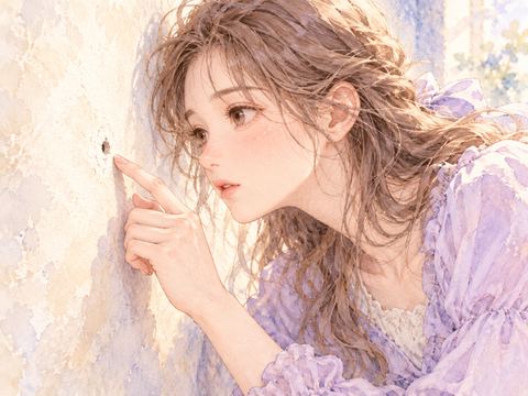 壁に開いた小さな穴を指先で確かめる女性