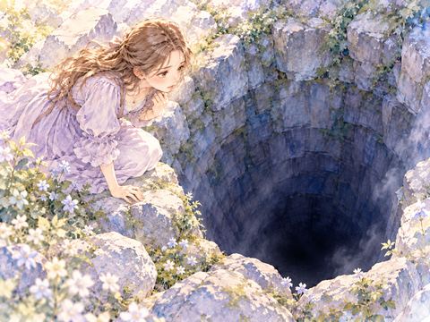 底の見えない深い穴を慎重にのぞく女性