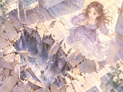 床の小さな穴が広がり、驚いて後ずさる女性