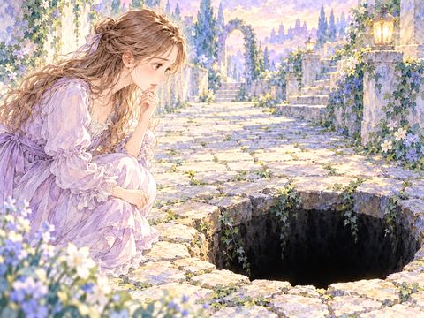 底の見えない暗い穴を恐る恐る見つめる女性