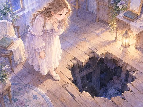 床の穴に気づいて立ち止まる不安そうな女性