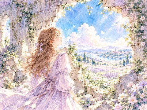 壁の穴の向こうに広がる青空と花畑を眺める女性