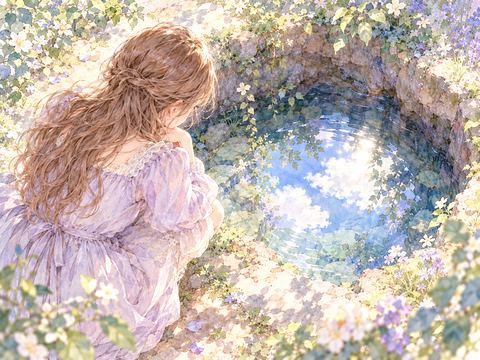 地面の穴の底にたまった澄んだ水を見つめる女性