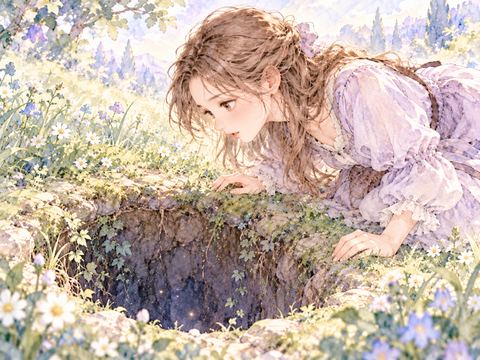 地面の丸い穴に身をかがめて中をのぞく女性