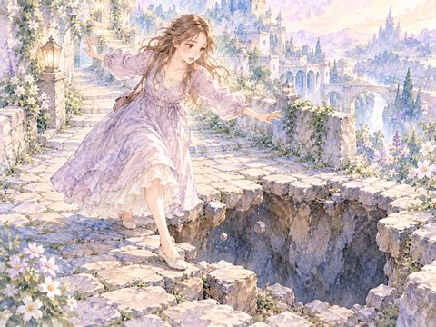 道の穴の縁で足を滑らせ、踏みとどまる女性