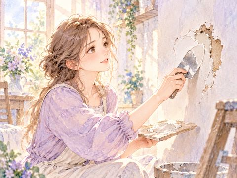 室内の壁に開いた穴を補修する女性