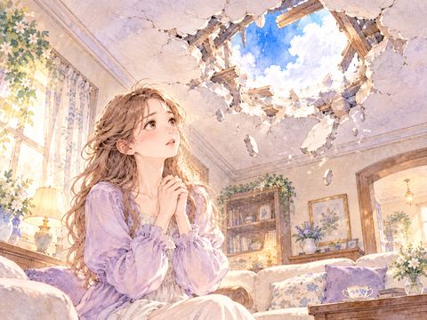 自宅の天井に開いた穴を不安そうに見上げる女性