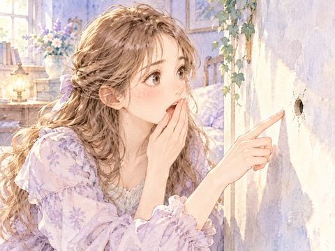 部屋の壁に小さな穴を見つけて目を丸くする女性