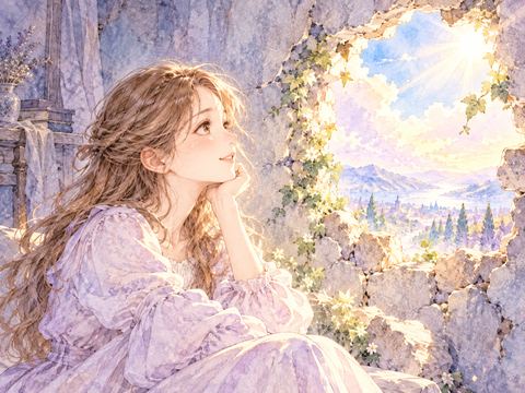 壁の穴から差す光を浴びて安心する女性