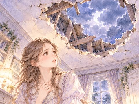 天井に開いた穴を見上げる心配そうな女性