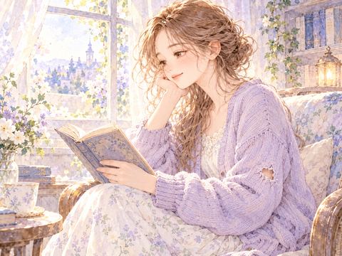 袖に小さな穴のある服で穏やかに過ごす女性