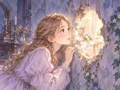壁の穴から新しい部屋をのぞく女性