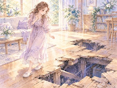 木の床の穴を避けて立つ女性