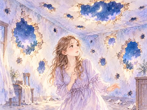 壁や天井にいくつも穴がある部屋で戸惑う女性