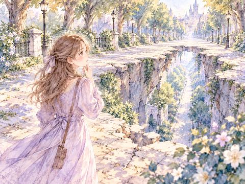 道の途中に開いた穴を前に立ち止まる女性