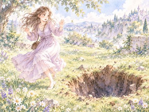 突然開いた地面の穴に驚いて後ずさる女性