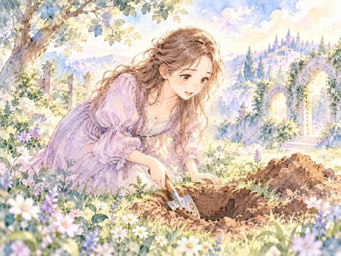 地面の下の探し物を求めて土を掘る女性