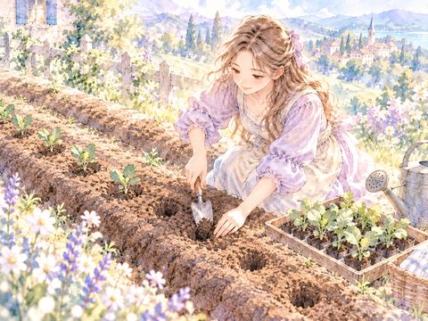 畑の畝に苗を植えるための穴を掘る女性