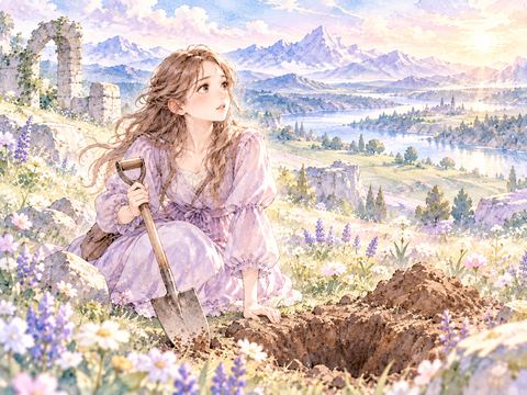 見知らぬ草原で周囲を見渡しながら穴を掘る女性