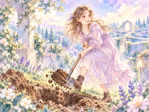 スコップで土をすくい上げて穴を広げる女性