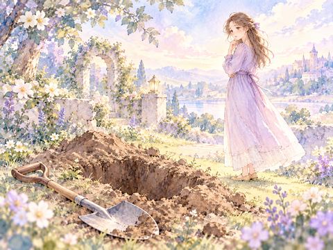 掘りかけの穴の横にスコップを置いて立ち止まる女性